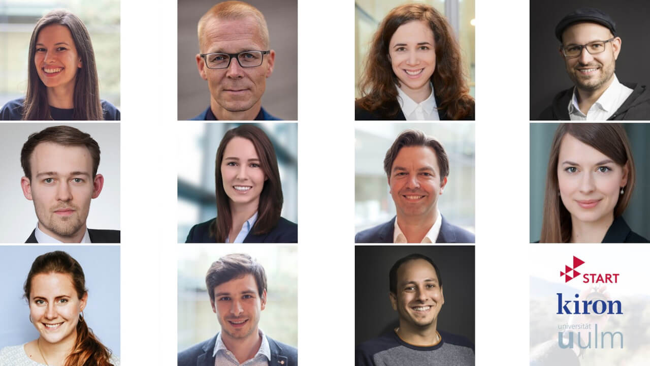 Portraitfotos unterschiedlicher Menschen. Logos mit Aufschrift Start, kiron und universität ulm.