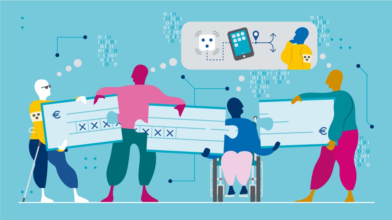 Illustration von vier Zeichentrickfiguren bei einer Besprechung. Drei stehen mit Diagrammen, Notizen und Grafiken an einer Wand, während die vierte mit einem Laptop an einem Schreibtisch steht. Im Hintergrund sind digitale und technische Elemente dargestellt.