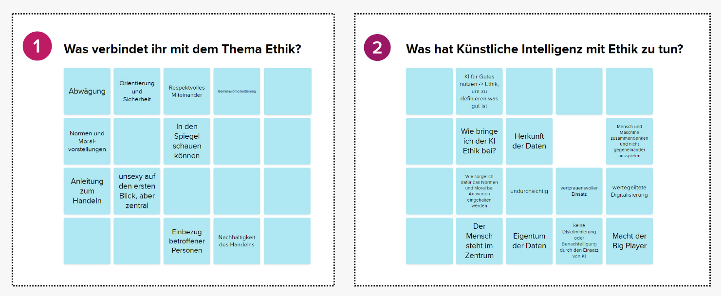 Ausschnitt aus dem Mural-Board mit den beiden Fragen „Was verbindet ihr mit dem Thema Ethik?“ und „Was hat Künstliche Intelligenz mit Ethik zu tun?“ sowie Antworten der Teilnehmenden (z. B. „Abwägung“, „Respektvolles Miteinander“, „Herkunft der Daten“ und „vertrauensvoller Einsatz“).