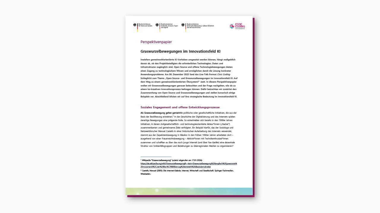 Ein Dokument mit dem Titel „Graswurzelbewegungen im Innovationsfeld KI“ mit deutschem Text. Die Seite enthält oben Logos der drei Bundesministerien und von Civic Coding.