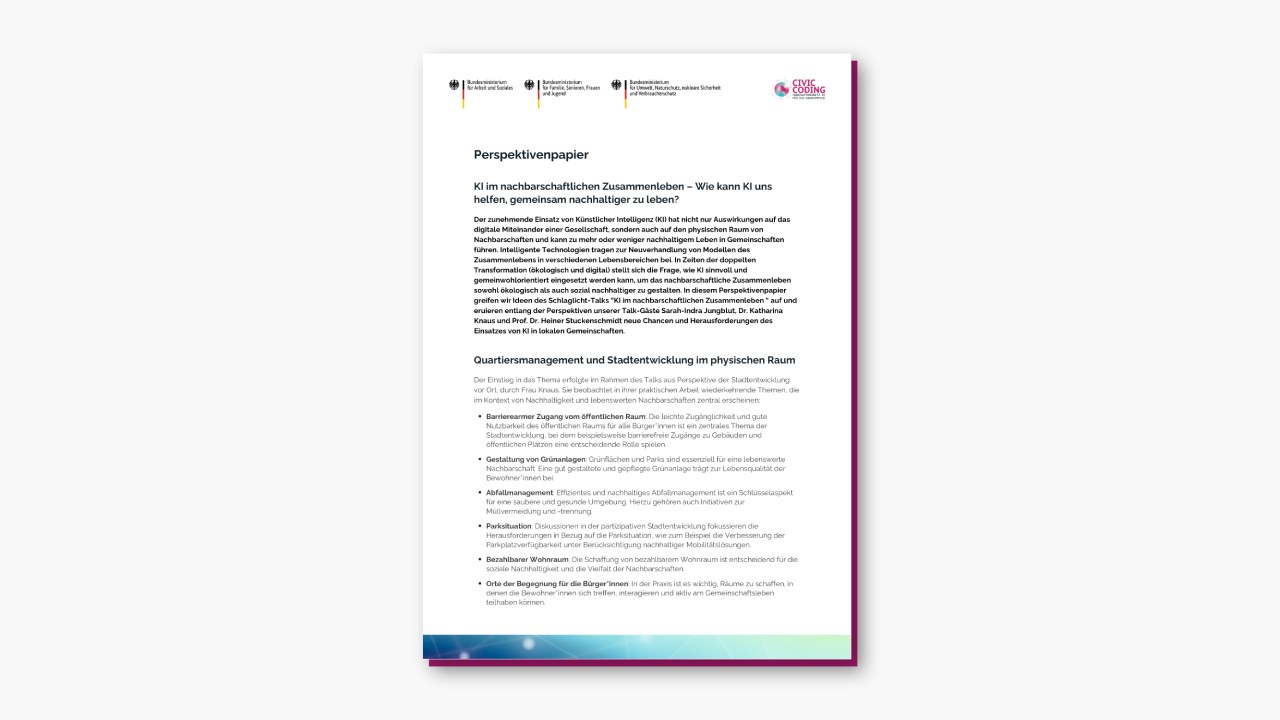 Ein Dokument mit dem Titel „Perspektivpapier“ mit Logos verschiedener deutscher Ministerien und Civic Coding. Der Text diskutiert nachhaltige Zusammenarbeit, räumliche Entwicklung und digitales Lernen in physischen Räumen.